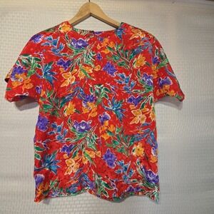 Vintage Nicola Blouse Small Red Floral Back Button Top 80s 90s Korea